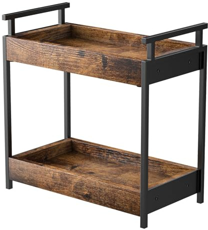 KLM Countertop Coffee Station Organizer, 2 Tier Wooden Shelf for Coffee Bar Accessories, Condiment Storage Caddy for Kitchen, Bathroom Counter Organizer, Home, Office - Brown