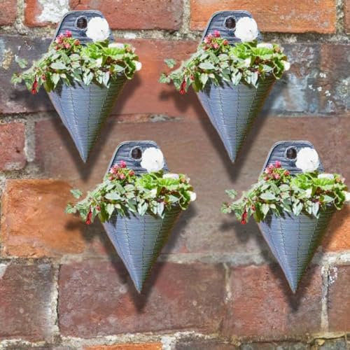 Garden Mile® Garden Wall Mount Flower Basket 14'' 4pc Set Cone Rattan Effect Plant Holder Outdoor Plant Pot Planter 4 Pack Grey Wicker Flower Pot Basket Pre-Lined for Easy Planting