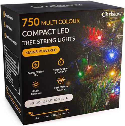 CHRISTOW Christmas Tree Lights, 750 LEDs, Multi-Coloured, Fits 6ft Trees | 18.72m Lit Length, Energy Efficient 3mm LEDs, 2.5cm Bulb Spacing, 8 Flash Modes with Memory, Timer Function, Mains Powered