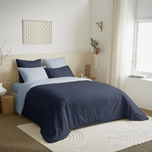 univers decor Pack Complet 6 pièces 260 x 240 cm Bicolore et réversible pour lit 2 Places 180 x 200 cm King Size 100% Coton / 57 Fils/cm² (Marine/Bleu Ciel, Pack 6 pièces 260 x 240 lit 180 x 200 cm)
