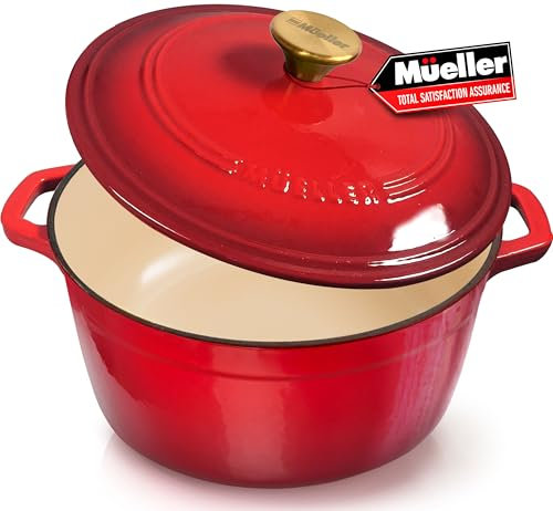 MUELLER HOME 4.5 QT Enameled Cast Iron Dutch Oven, Heavy-Duty Casserole Dish and Braiser Pan with Lid and Stainless Knob, Oven-Safe up to 500° F & Across All Cooktops, Red