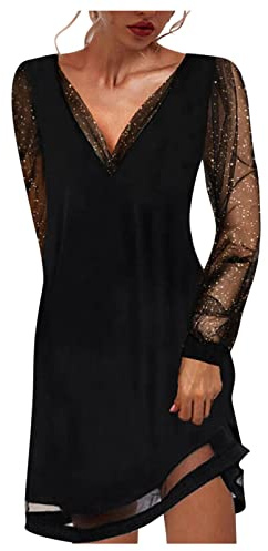 Femmes Col V Robe à Manches Longues Tunique Élégant Soirée Fête Cocktail Shirt Noel Hiver Chic et Elegant (Noir, L)