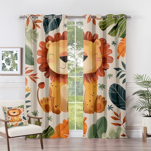 Vorhänge Löwe - Süße Cartoon Tiere Safari Blätter Fenster Gardinen mit Ösen, Vorhang Blickdicht Verdunklungsvorhänge Thermovorhang für Wohnzimmer Schlafzimmer 2er Set, H 175 x B 140 cm N#-545
