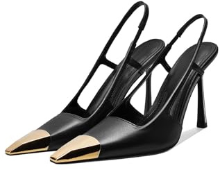 Vertundy Black Slingback Heels for Women: Metal Pointed Toe Stiletto High Heel Pumps, Slip On Shoes, Geometric Heel