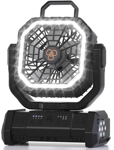 Honesorn Ventilador de camping recargable de 20000 mAh con LED y control | Hasta 60 horas de funcionamiento, oscilación de 45°/90°, gancho para colgar, 4 velocidades, temporizador de 8 horas