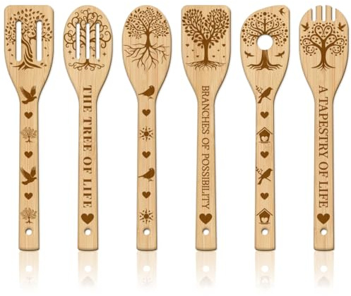 GLOBLELAND 6 Pièces Ensemble de Cuillères en Bois avec Motif Arbre de Vie Sculpture en Bambou Ustensiles de Cuisine Spatules Gravées en Bois pour Mère Femmes Cadeau Pendaison de Crémaillère Amusant