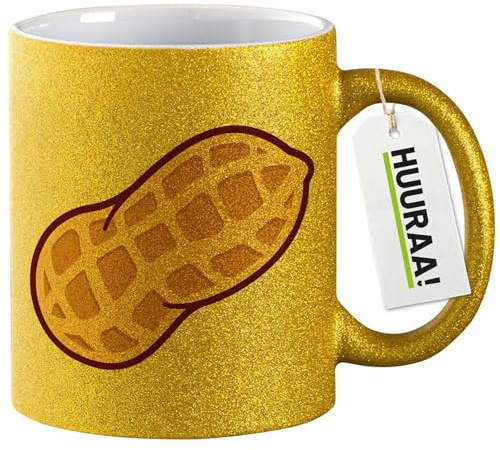 Huuraa Glitzertasse Erdnuss Comic Geschenk | Motivtasse 330ml Glitzer Tasse mit Spruch Gold Keramik Kaffeebecher Geschenkidee Goldener Glitter Becher mit Motiv