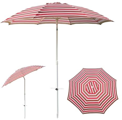ZIHQRgE Ombrellone da Giardino Rotondo Inclinabile 215x230 cm Ombrellone da Spiaggia a Strisce 8 Stecche Anti UV per Padiglione, Terrazza, Mercato, Prato