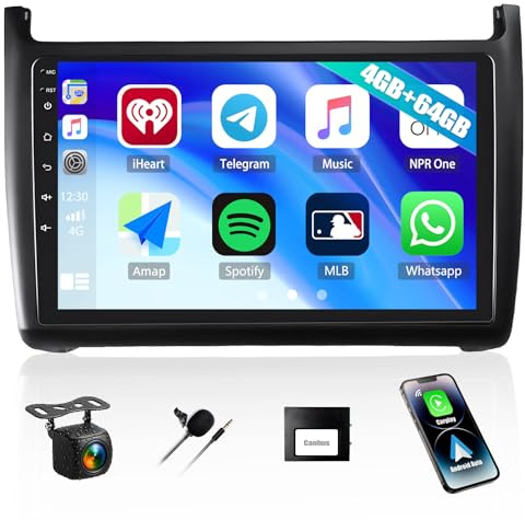 4G+64G Android 15 Car Stereo for Volkswagen VW Polo 2010-2016, Wireless Apple Carplay Android Auto, 9 Touch Screen Car Radio Bluetooth 5.0 16EQ GPS WiFi FM HD Backup Camera Head Unit