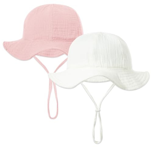 EDLMKM 2 Pcs Baby Girl Sun Hat, Newborn Soft Cotton Bucket Hats, Toddler Cotton Beach Hat, with Adjustable Chin Strap, for 3-12Months