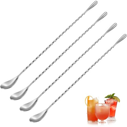 4 Pcs Stainless Steel Cocktail Stirrers,30 CM Long Bar Spoon,Cocktail Spoon Suitable for Home or Bartender Use Cocktail Coffee Tea(Silver)