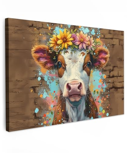 MuchoWow© Bilder Groß XXL Wohnzimmer Deko Modern Wandbild Kunstdruck | 120x80 cm - Leinwand Bild Schlafzimmer über Bett Room Decor Geschenke Kuh - Graffiti - Tiere - Blumen - Straßenkunst