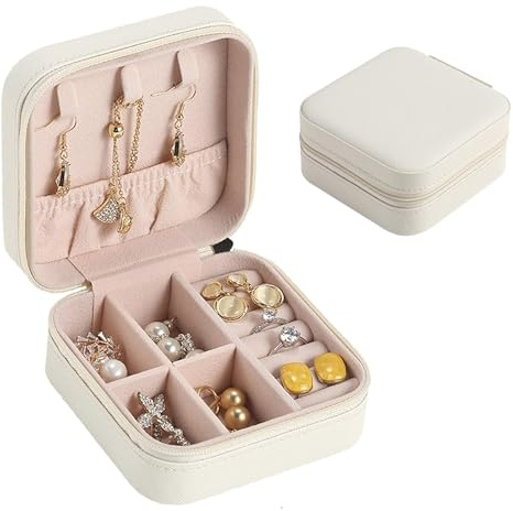 xolear Petite Boîte à Bijoux pour Femmes Filles, Boite Bijoux Voyage Portable en Cuir PU, Mini Organisateur de Bijoux, Rangement pour Boucles d'Oreilles Bagues Chaînes, Anniversaire, Cadeau, Blanc