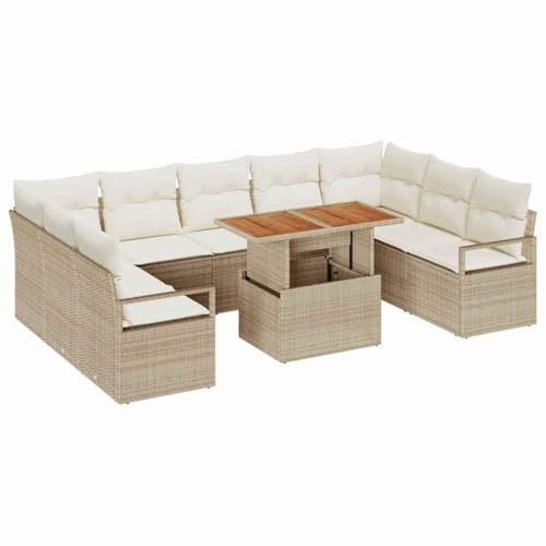 vidaXL Trädgårdsoffset med kudde 10 pcs Beige och gräddfärgad, Trädgård och terrass, modulär, hållbar, lätt rattansoff, konvertibelt bord, justerbar lounge, uteservering