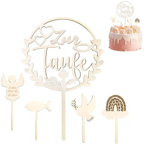 5-teiliges Taufe Torten-Dekor Set, Holz Junge & Mädchen Cake Toppers, Dekoration für Taufe, Einschulung und Festlichkeiten