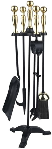 5-teiliges Kaminwerkzeug-Set mit Ständer - Schmiedeeisen Feuerstelle Werkzeugset mit Schürhaken, Zange, Schaufel, Bürste & Schwerlastbasis für Innen- oder Außenkamine (Schwarz)