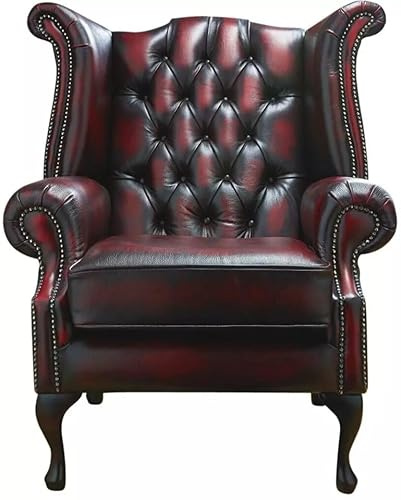 Chesterfield Highback Queen Anne Chair – 100% Genuine Antique Red Leather | Handmade Wingback Armchair with Deep Button Tufting, Mahogany Legs & FSC Hardwood Frame | Luxury UK Craftsmanship