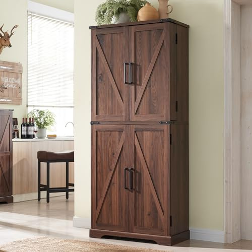 AetherWood Küchenschrank, 183 cm hoher Vorratsschrank im Landhausstil, Aufbewahrungsschrank mit Scheunen-Schiebetüren, Schublade und verstellbaren Regalen – Braun