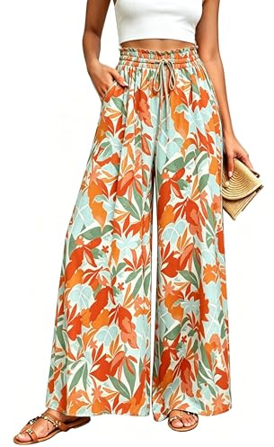 Koerye Pantaloni da Donna Casual Pantaloni a Vita Alta Larghi Leggeri Eleganti Elastica Gamba Larga Estivi Boho Beach Pantalone con Tasche Arancione,M