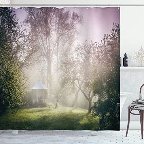 Ambesonne Landscape Shower Curtain, Pavilion in Moody Garden with Trees Misty Weather Foggy Nature Image, Cloth Fabric Bathroom Decor Set with Hooks, 69 W x 70 L, Mauve Green White