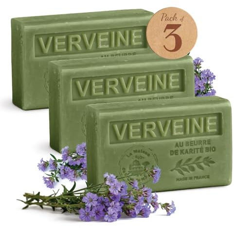 Verbena Scented Soap Bar - Enriched with Organic Shea Butter - Hydrating Hand & Body Soap - 100% Natural Ingredients - Made in Provence - 3x125g