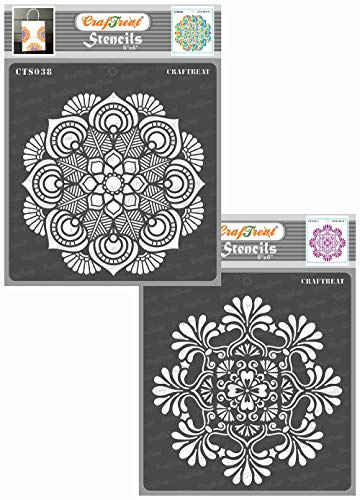 CrafTreat Mandala Stencils for Crafts Reusable Vintage - Mandala I and II (2Pcs) - Size: 15x15 cms - Mandala Flower Stencils for Furniture Painting - Lotus Flower Mandala Stencil for Painting
