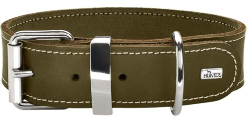 HUNTER AALBORG SPECIAL Hundehalsband, Leder, strapazierfähig, komfortabel, 50 (S-M), oliv | Softvollrindleder, für Hundesport geeignet, mit Ziernähten, Made in Germany, Farbe: Oliv, Größe: 50