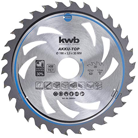 kwb Kreissägeblatt 190 x 30 mm, leichtgängig, speziell für Akkumaschinen, Sägeblatt geeignet für Weich- und Hartholz, Tischlerplatten und Spanplatten