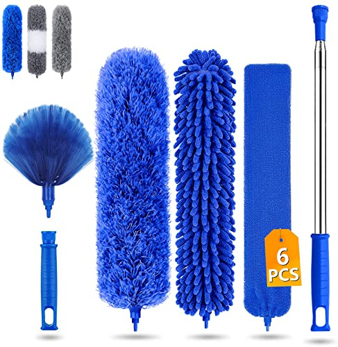 Feather Duster 6pcs,Dusters for Cleaning Extendable with Telescopic Pole 100 inches Long Handled Duster Reusable Bendable Washable Microfiber gap dust cleaner High Ceiling Fans,Cobweb,under sofa,Blue
