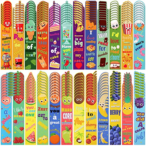 Geyee 216 Pcs Fruit Scented Bookmarks Scratch and Sniff Bookmarks Fun Classroom Smelly Bulk for Kids Students Teens School, 24 Styles