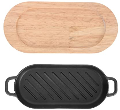 Cabilock Teppanyaki Cast Iron Steak Plates with Wood Tray, Grill Pan for Steak, Fish Grill Plate and Serving Skillet Pan, for Family Cooking and Party Use