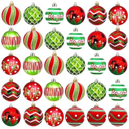 Weihnachtskugeln 30 Stücke Rot Grün Weihnachtskugeln 6CM Kunststoff Christbaumkugeln Weihnachtsdeko mit Aufhänger für Weihnachtsbaum Dekoration Weihnachten Hochzeit Party