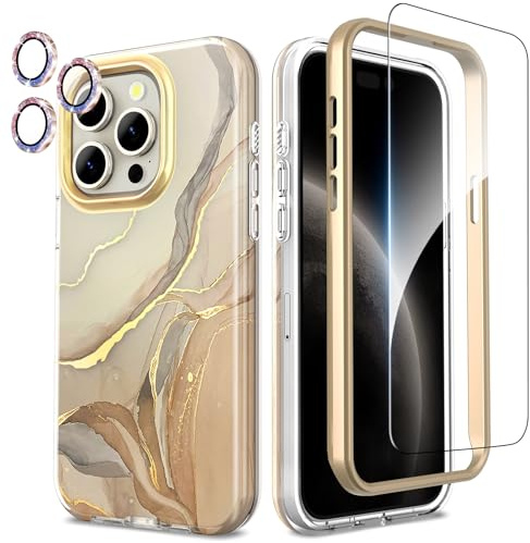SHEDEER für iPhone 15 Pro Hülle mit Glitzer Kameraschutz + Displayschutz, Anti-Vergilbung Schick Marmormuster-Design, Rundumschutz Stoßfest Kratzfest Handyhülle für iPhone 15 Pro 6,1'', Elegant Gold