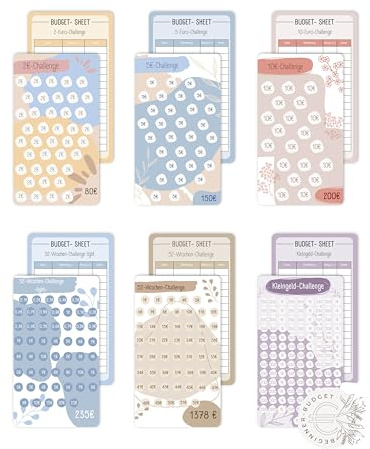 BeginnerBudget® Frühlings Sparchallenge Budgetplaner A6 6er Set Sparen | 6 Frühlings Sparchallenge A6 Budgetplaner mit langlebigen Kunststoffhüllen zum motivierenden Geldsparen.