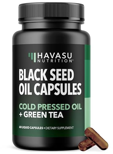 Cold Pressed Black Seed Oil Liquid Capsules with Green Tea Extract for Energy and Digestive Health Support - 60 Count - Nigella Sativa Supplement - Unflavored, Vegan, Non-GMO - 1 Month Supply