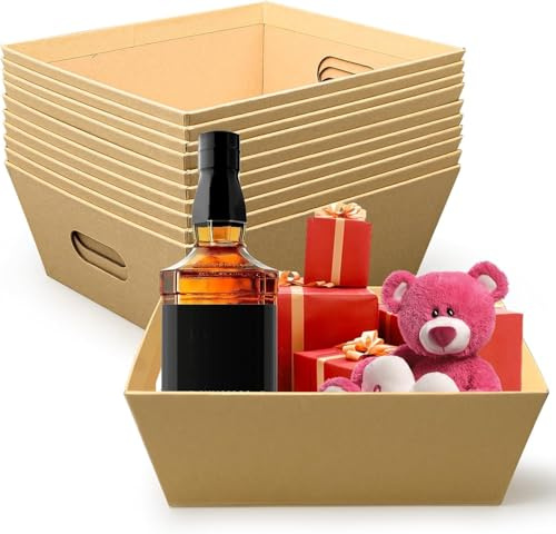 10 cestas de regalo de 10 x 8.5 pulgadas, bandejas de cartón resistentes vacías con asas, cesta de regalo a granel, bandeja de mercado para cumpleaños, San Valentín, Acción de Gracias, Navidad, boda