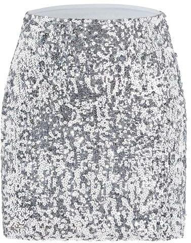 Century Star Pailletten Rock Party Rave Outfit Damen Glitzer Rock mit Elastische Taille Silbrig L