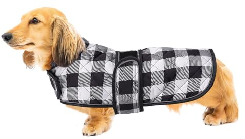 Geyecete Wasserdichter, warmer, gesteppter Dackelmantel mit warmem Fleecefutter innen, Outdoor-Hundebekleidung mit verstellbaren Bändern für kleine, mittelgroße Hunde, Schwarz, Größe M