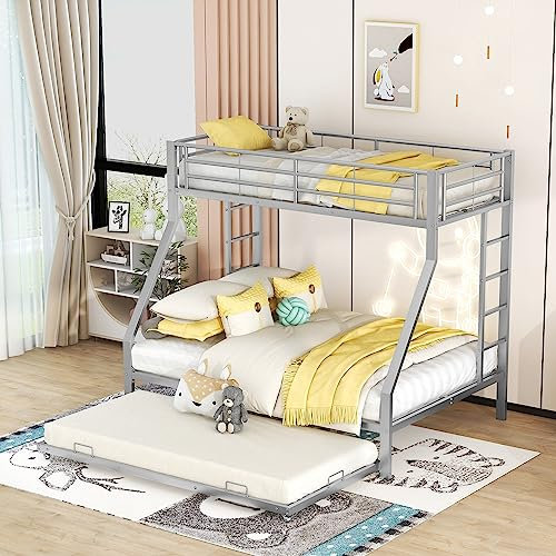HYSZ Etagenbett, Metallbett mit ausziehbarem Bett,mit Leiter auf beiden Seiten für Kinder, Jugendliche, Erwachsene, einfach zu montieren, 90(140) x200cm, Silber