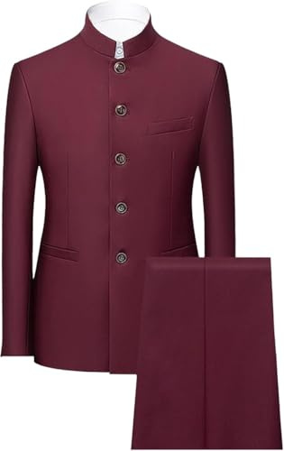 2-delad kinesisk tunika kostym herr set mandarin krage kavaj set byxor knäppt jacka traditionell uniform bröllopsklänning, Rött vin, M