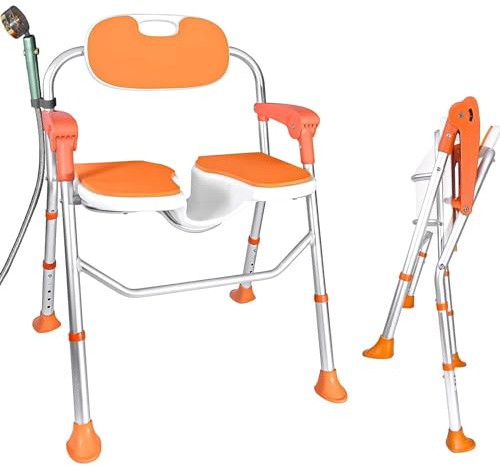Chaise de douche pour personnes âgées, siège de douche avec accoudoirs et dossier, chaise de douche pliable, charge maximale : 180 kg, chaise de bain réglable en hauteur (couleur orange, 53*58*83cm)