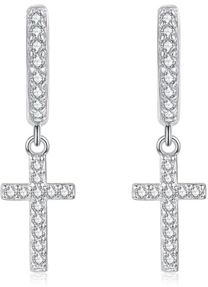 Estrellique 925 Sterling Silber Creolen Ohrringe für Damen, Creolen Silber 925 Ohrringe Hängend, Hypoallerge Kreolen Ohrring mit Kreuz Achtzackiger Stern Herz Anhänger, Kreolen Ohrhänger mit Zirkonia
