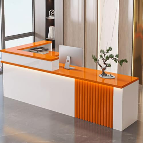 GUQASDV Empfangstresen für Praxis, Reception Desk Salon, Empfangstheke Tresen Rezeption, Rezeptionstheke Holzwerkstoff mit Lichtstreifen für Lobby, Geschäft(White+orange,140cm)
