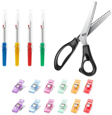 KUBDPQOR Kit Profesional de Tijeras de Costura con 1 Tijera de Acero Inoxidable, 4 Cortadores de Hilo y 12 Pinzas para Coser - Alta Precisión, Durable y Versátil