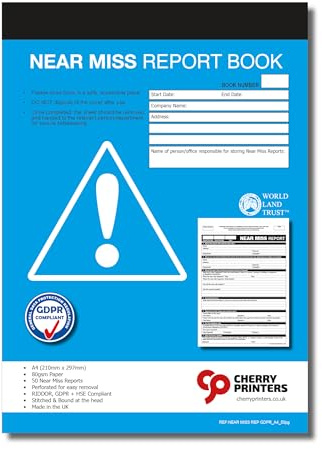 Cherry Near Miss Carnet de rapports A4 | 50 rapports | Conforme aux normes RGPD RIDDOR et HSE | Feuilles perforées pour un classement facile | Papier 80 g/m² | Journal des incidents de sécurité au