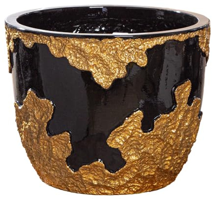 GILDE Famosa Cache-Pot - Or Noir Brillant - Fibre de Verre - Poly - Hauteur 26 cm x Ø 33 cm - Pot étanche