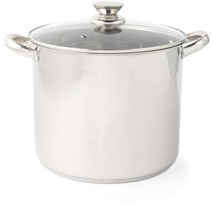 Russell Hobbs Classic Collection 26 cm Stockpot – Stainless Steel Cooking Pot, Tempered Glass Lid with Steam Vent, 11.5 Litre Capacity, Mirror Finish, Easy to Clean, for Soups, Casseroles, Curry
