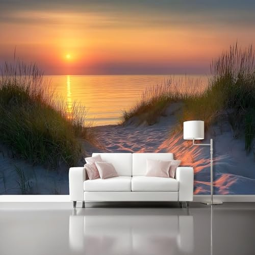 Fotomurales Playa Atardecer Romántico Cálido Amarillo Papel Tapiz Moderno 300 x 210 cm Papel pintado tejido no tejido coración Pared corativos Sala Living Oficina Dormitorio Naranja Azul