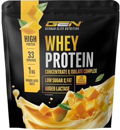 Elite Whey Protein en poudre - 1000 g Mango Lassi - avec whey isolat - jusqu'à 23 g de protéines par portion - instantanément soluble - avec lactase, BCAA & EAA