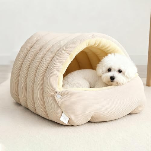 PETCUTE Hundebett Katzenbett, 2-in-1 Faltbare Haustierbett für Katzen & Kleine Hunde,Halbgeschlossen, Warmes Katzenhöhle Katzenhaus mit Abnehmbarer Matte,Druckknopfverschluss,Beige,L